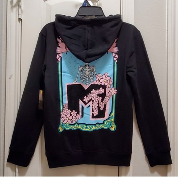 NWT MTV Skeleton & Floral Graphic Black Hoodie Sweatshirt Sz XS Goblincore Goth - Picture 5 of 10